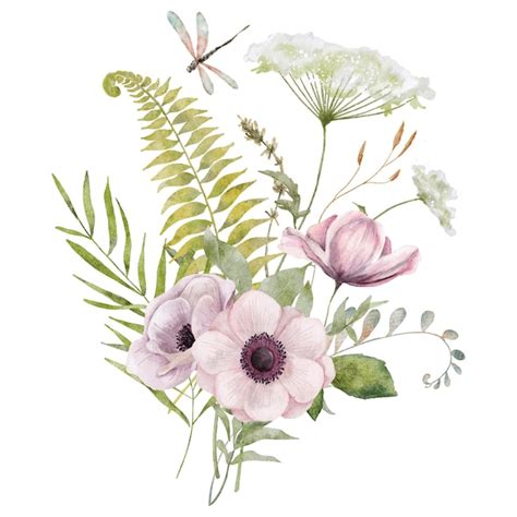 Wilde Bloemen Aquarel Boeket Botanische Hand Getekende Illustratie