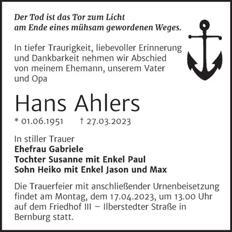 Traueranzeigen Von Hans Ahlers Abschied Nehmen De