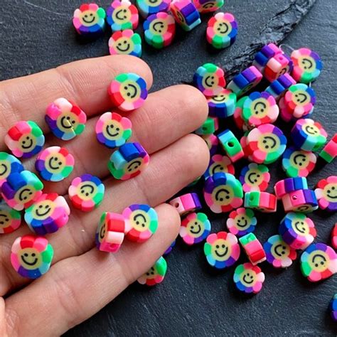 Fimo Polymer Flower Shaped Clay Smiley Beads Fimo Beads For Etsy