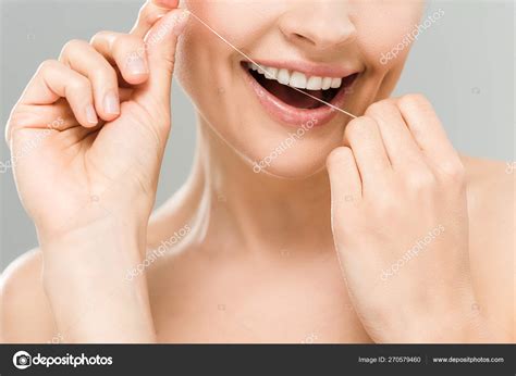 Cropped View Happy Naked Woman Flossing Teeth Dental Floss Isolated