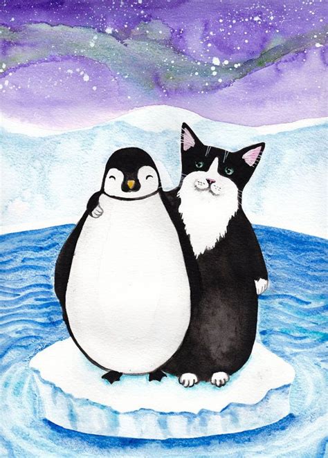 The Penguin And The Cat Original Folk Art Watercolor Painting By