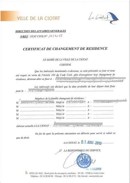 Certificat Changement De R Sidence D M Nagement France Maroc Ptrans