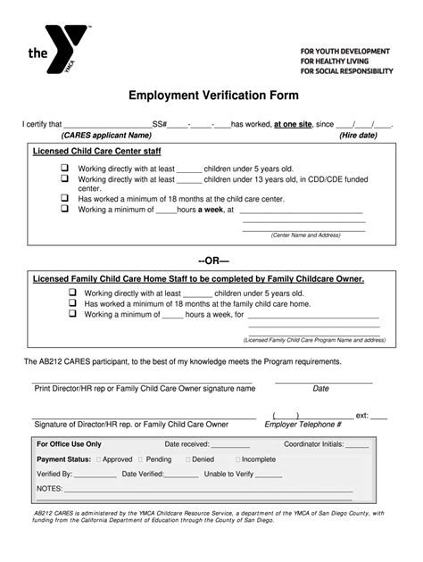 Ymca Employment Verification Form MPLOYME