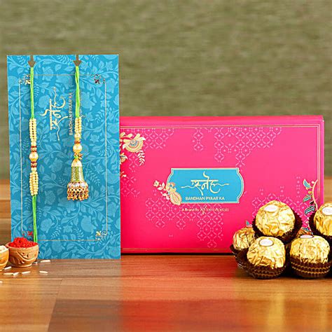 Ethnic Green Pearl And Lumba Rakhi Set With Ferrero Rocher Exp Uk