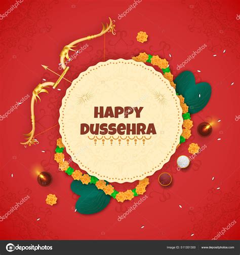 Happy Dussehra Font Circular Frame Decorated Floral Garland Golden Bow ...