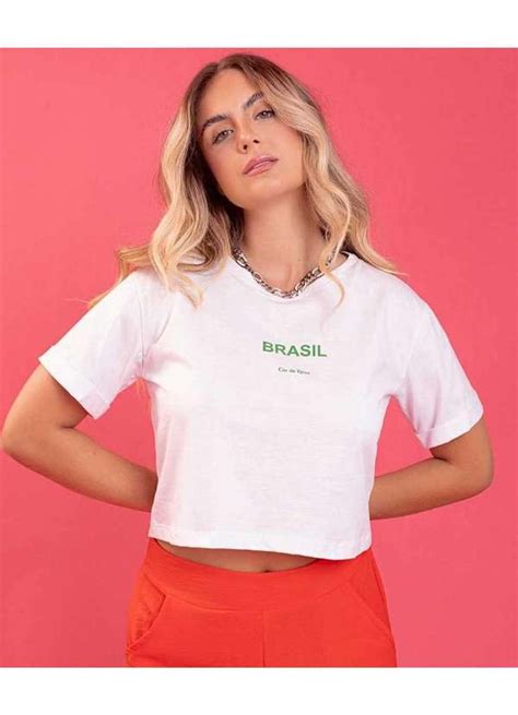 Tshirt Cropped Cor De Rosa Brasil Branca Verde Escuro Cor De Rosa