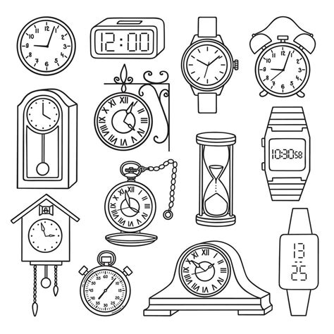 Hand Drawn Set Of Watches Doodle Old Street Clock Wristwatch Alarm