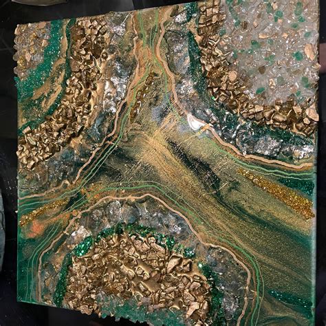 14 X 14 Greens And Golds Geode Crystal Epoxy Resin Pour Wall Etsy