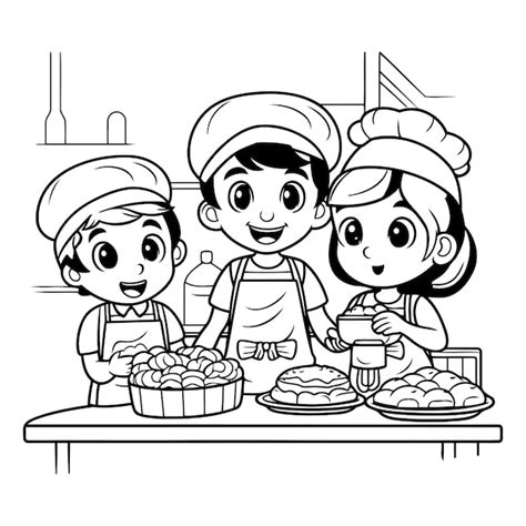 Premium Vector | Children cooking in the kitchen Black and white vector illustration for ...