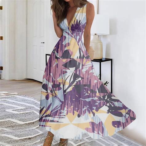 Purjkpu Sexy Dresses For Women Casual Beach Tropical Printed Flowy Dresses Sleeveless Deep V