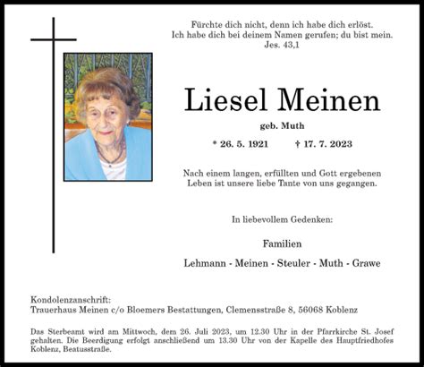 Traueranzeigen Von Liesel Meinen Rz Trauer De