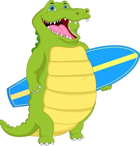 Crocodilo Bonito Dos Desenhos Animados Carregando Prancha De Surf