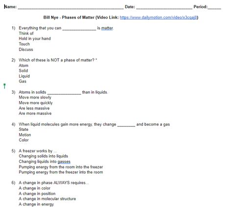 Bill Nye States Of Matter Worksheet