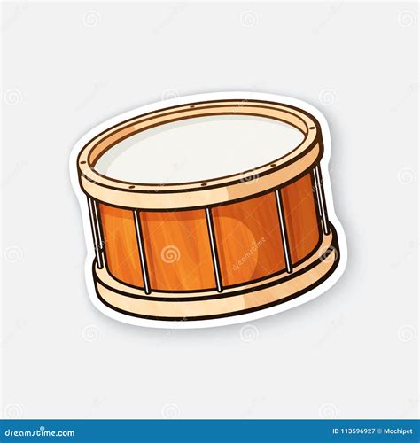 Sticker Of Classic Wooden Drum With Drumsticks Vector Illustration