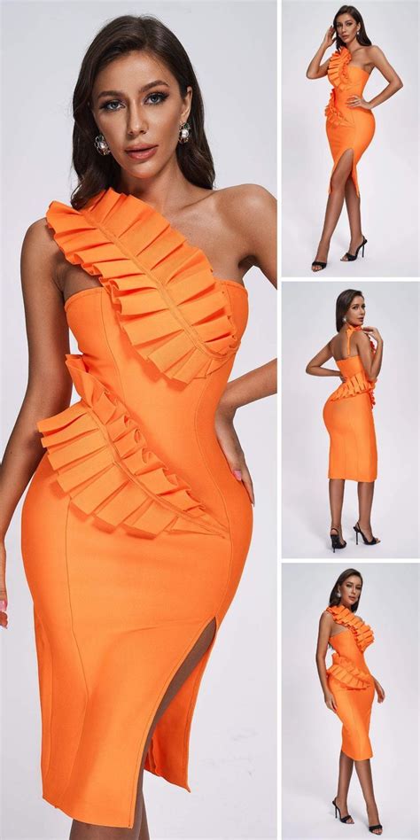 Shailee One Shoulder Midi Bandage Dress Orange Classy Bodycon Dress Body Con Dress Outfit