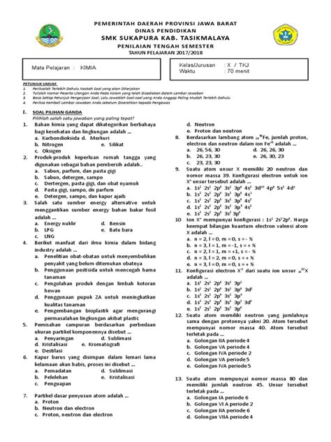 Latihan Soal Kimia Kelas 10 Semester 1 Pdf Ilmu Penerang