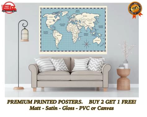 A1 Large Map Of The World Poster Atlas Wall Chart Educational School