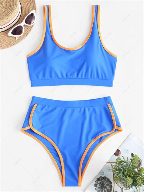 Zaful Contrast Piping High Waisted Padded Tankini Swimsuit In Ocean