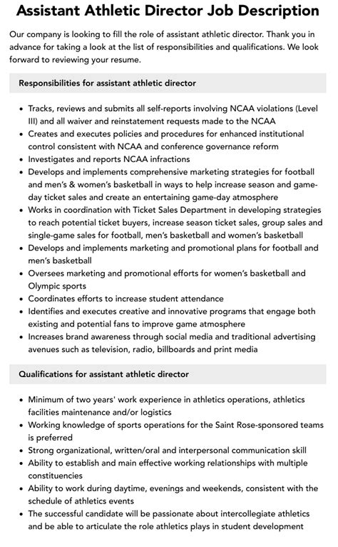 Assistant Athletic Director Job Description Velvet Jobs