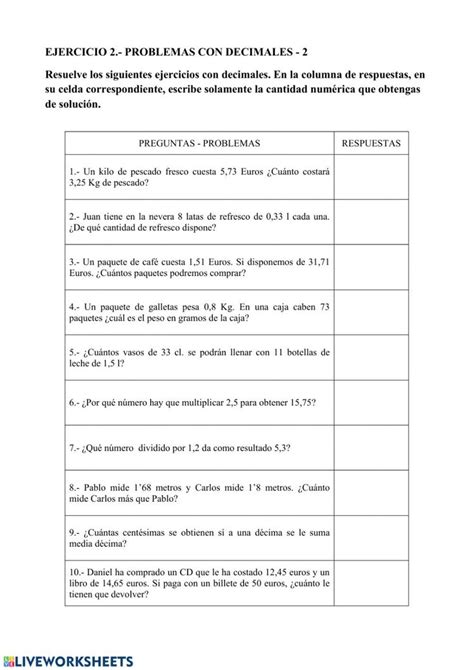 Ejercicio De Ejercicios Problemas Con Decimales 2 Decimal