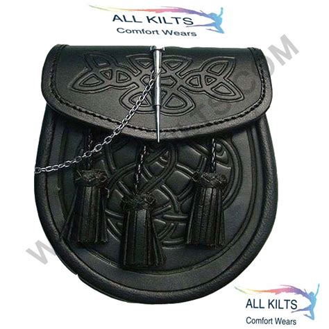 Celtic Embossed Black Leather Latch Pin Kilt Sporran With Belt And