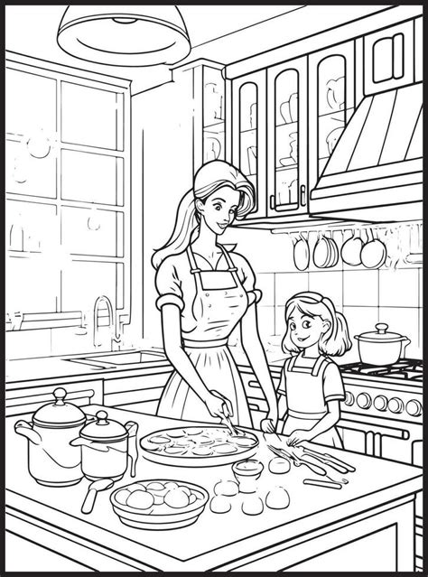 Mother Son Kitchen Coloring Page 23175419 Vector Art At Vecteezy