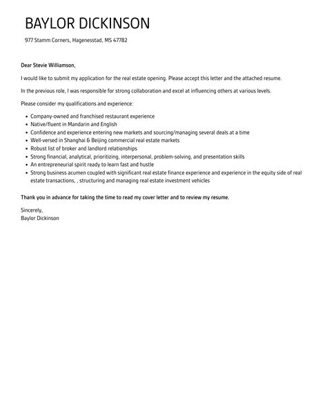 Real Estate Cover Letter Velvet Jobs