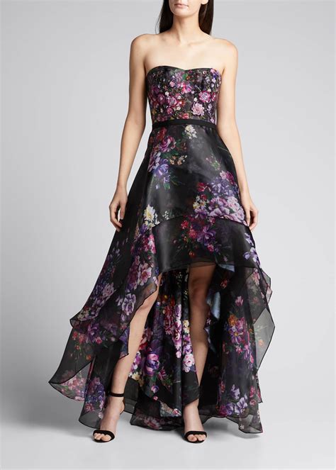 Marchesa Notte Strapless Floral Print Organza High Low Gown Bergdorf