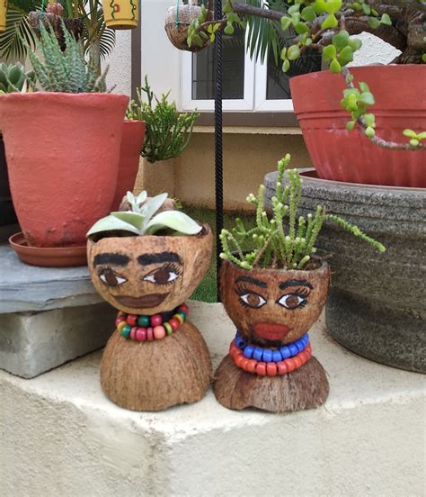 Coconut Shell Tribal Couple Planters Painted Pots Planters Diy Planters