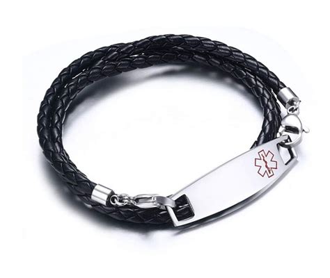 Medical Alert Bracelet Leather Mens Leather Bracelets Braided Metal Bar ...