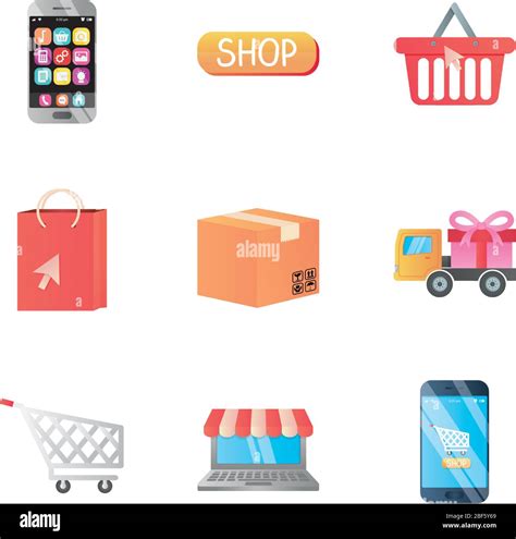 Shopping Online Icon Set Over White Background Detailed Style Vector