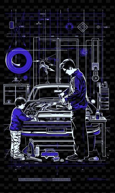 Father And Son Fixing A Car In A Garage With A Mechanical Sc PNG