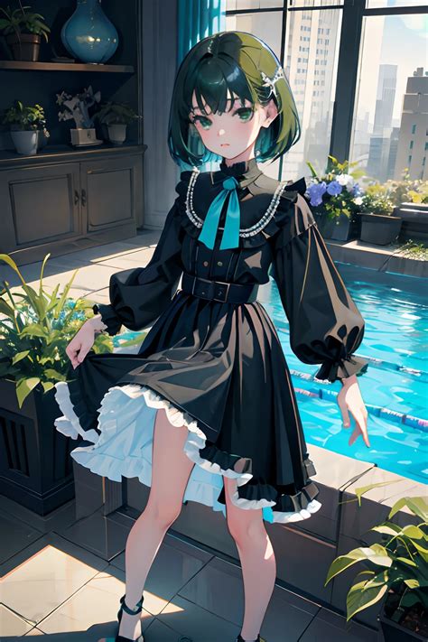 Anime Girl In Black Dress Standing Near Pool With Plants Seaart Ai