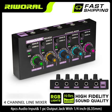 Mini Audio Mixer Stereo / Mono 4 Channel 1/4 Inch TSR/TS Audio Input ...