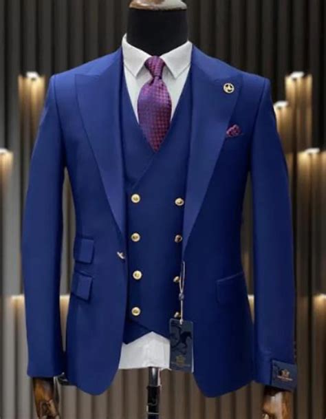 Mens Double Breasted Suit With Gold Buttons In Sapphire Blue