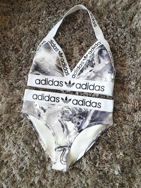 Reworked Black And White Adidas Bikini Set