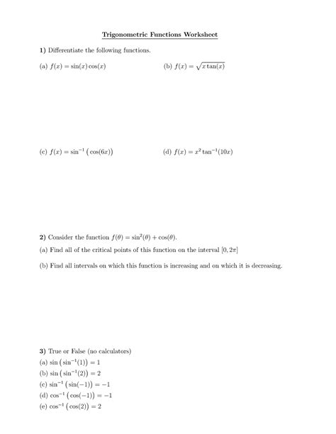 Trig Functions Worksheet Trigonometric Functions Worksheet