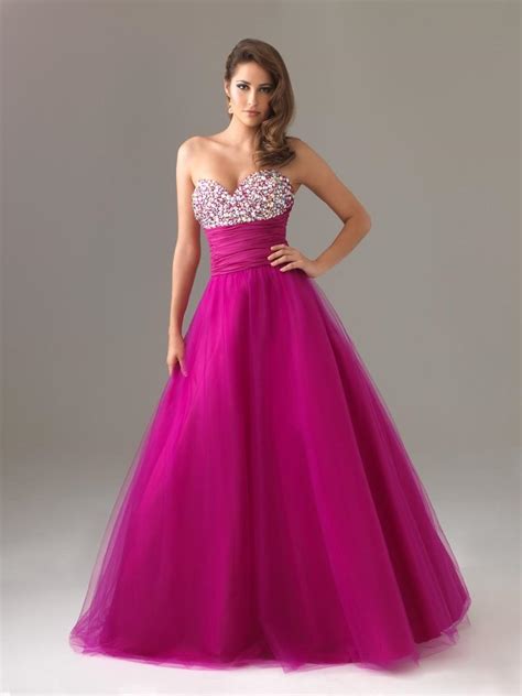 Fuchsia Beaded A Line Sweetheart Sweep Train Tulle Taffeta Prom Dress