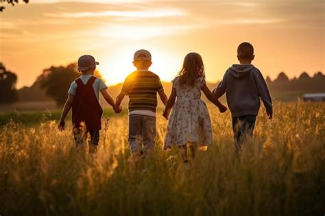 Premium Photo Group Of Children Holding Hands Walking In Rural Meadow