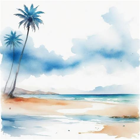 A Watercolor Painting Of Palm Trees On A Beach With A Cloudy Sky