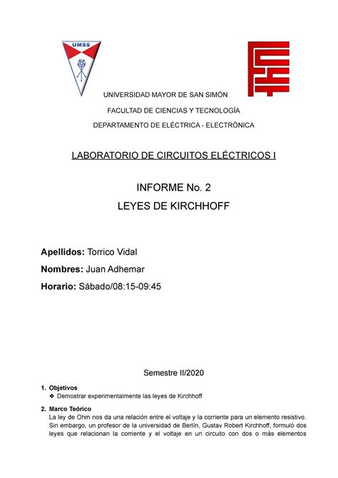 Informe Leyes De Kirchoff Universidad Mayor De San Sim N Facultad De