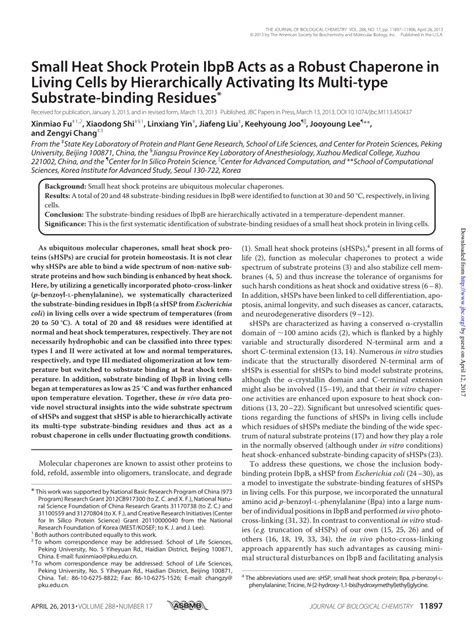 Pdf Small Heat Shock Protein Ibpb Acts As A Robust Chaperone In