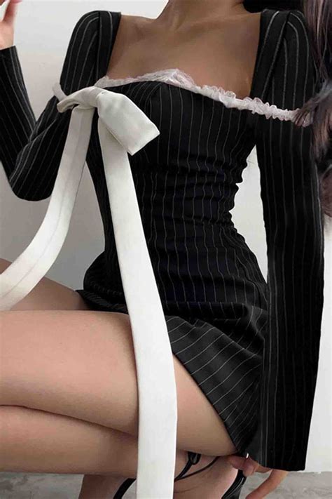 Square Neck Bow Tie Striped Long Sleeve Mini Dress Mini Robes Robe D