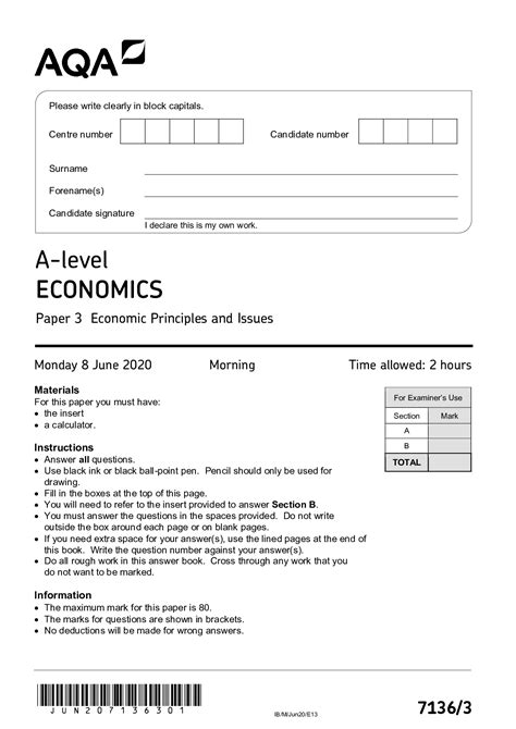 Aqa A Level Economics Paper Economic Principles And Issues Qp