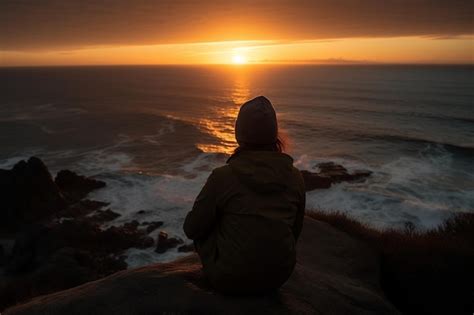 Premium Photo | A person sitting on a rock watching the sunset