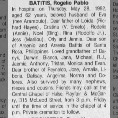 Obituary For Rogelio Pablo Batitis Aged Newspapers