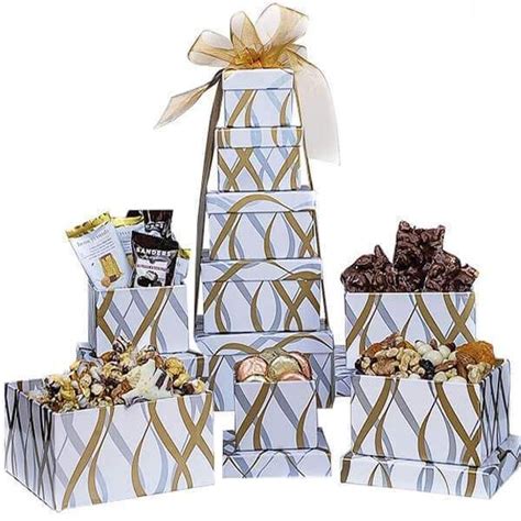 White And Gold Assorted Snack Tower Gourmet T Baskets Christmas