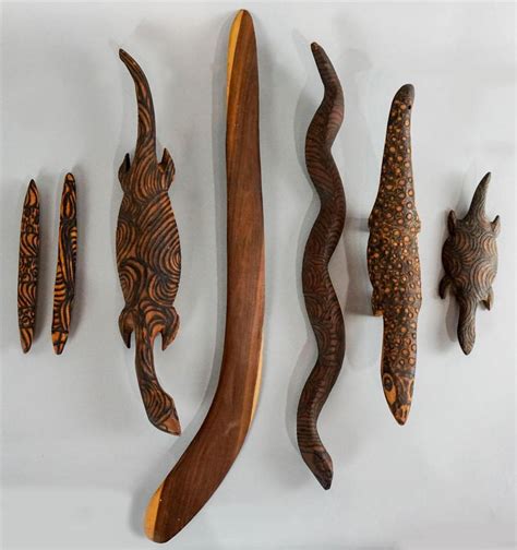 Lot Vintage Carved Australian Aboriginal Items Including A Boomerang