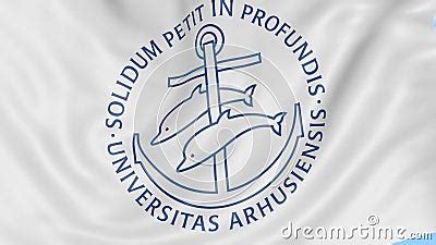 Close-up of Waving Flag with Aarhus University Emblem, Seamless Loop, Blue Background. Editorial ...