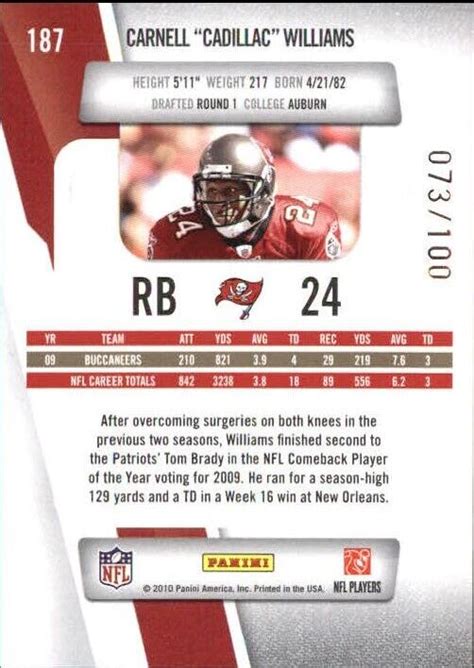 2010 Prestige Xtra Points Red Football Card 187 Cadillac Williams 100